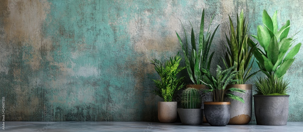 Poster indoor plants arranged in various pots against a textured green and beige backdrop emphasizing organ
