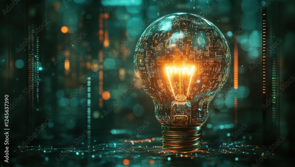 Poster glowing light bulb surrounded by data stream in futuristic digital environment with neon colors and 