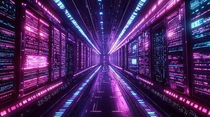 Neon corridor illuminated with pink and blue lights, featuring a futuristic design with glowing panels and a digital atmosphere, creating a sci-fi ambience.