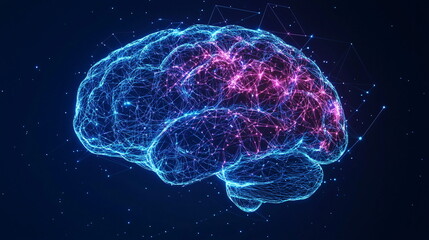 Neon brain illustration with intricate neural network connections glowing in blue and pink against a dark background, representing advanced technology and cognitive function.