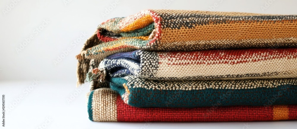 Poster colorful hand woven cotton blankets stacked neatly showcasing vibrant patterns and textures with war