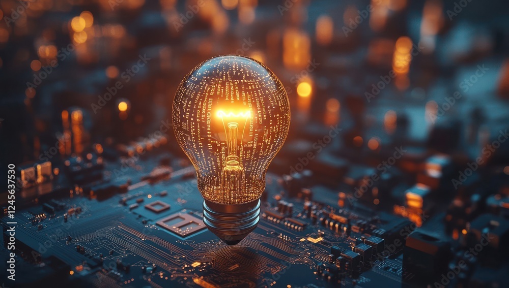 Poster glowing light bulb with binary code inside floating above technology circuit board background