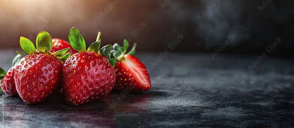 Poster fresh red strawberries with green leaves arranged on a dark textured surface with soft light highlig