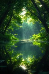 Obraz premium Sunbeams Illuminate Serene Forest River Reflections