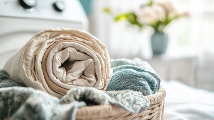 Fototapeta premium A rolled-up curtain placed in a laundry basket near a washing machine.