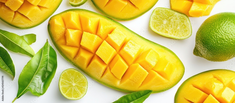 Aufkleber vibrant mango slices and fresh lime wedges arranged on a white background with green leaves highligh