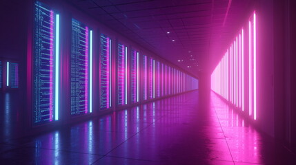 Fototapeta premium Bright neon corridor illuminated by pink and blue lights with reflections on the floor, featuring futuristic technology in a high-tech environment.