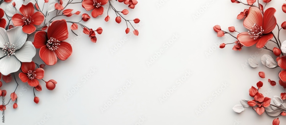 Poster realistic 3d rendered floral design featuring vibrant red and white flowers and berries arranged ele