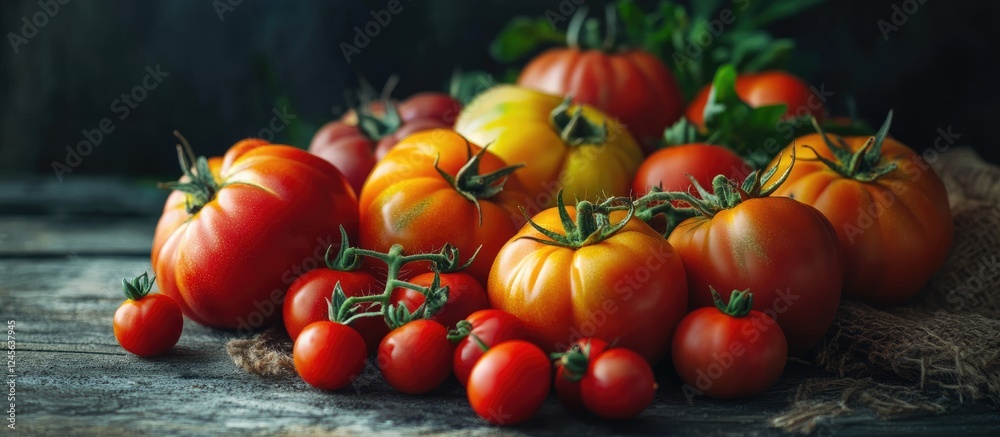 Aufkleber vibrant assortment of ripe red and orange tomatoes arranged artfully on a rustic wooden table with g