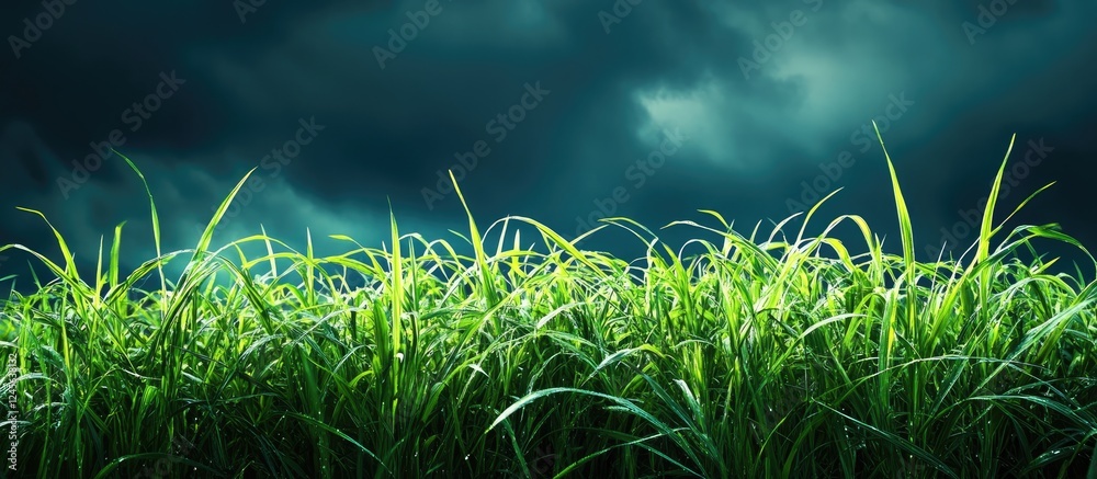 Poster lush green grass in the foreground under a dramatic dark cloudy sky creating a mysterious atmosphere