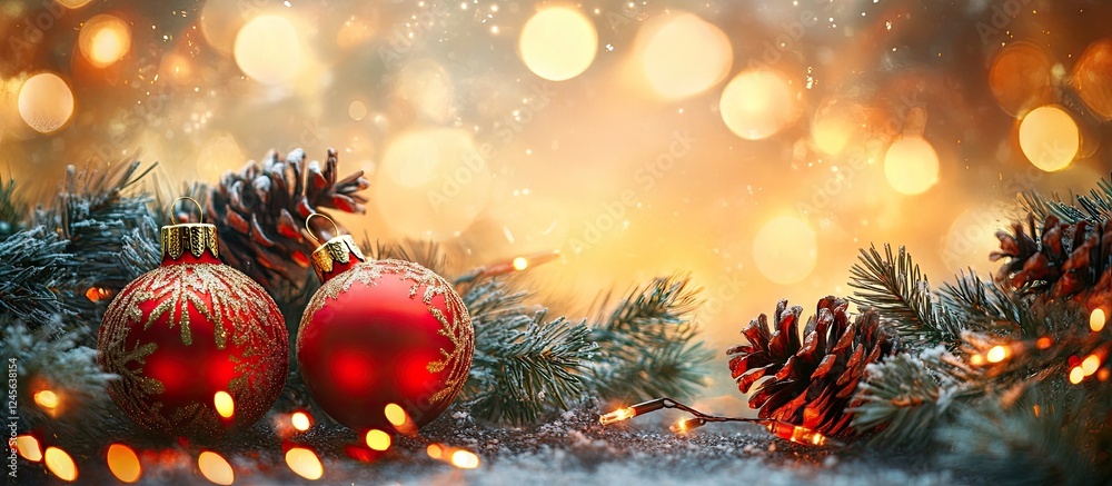 Poster festive christmas scene with red ornaments and pine cones arranged on snowy greenery, illuminated by