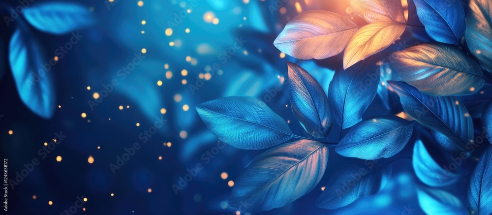 Poster abstract blue background featuring vibrant green and golden leaves illuminated with soft lighting ef