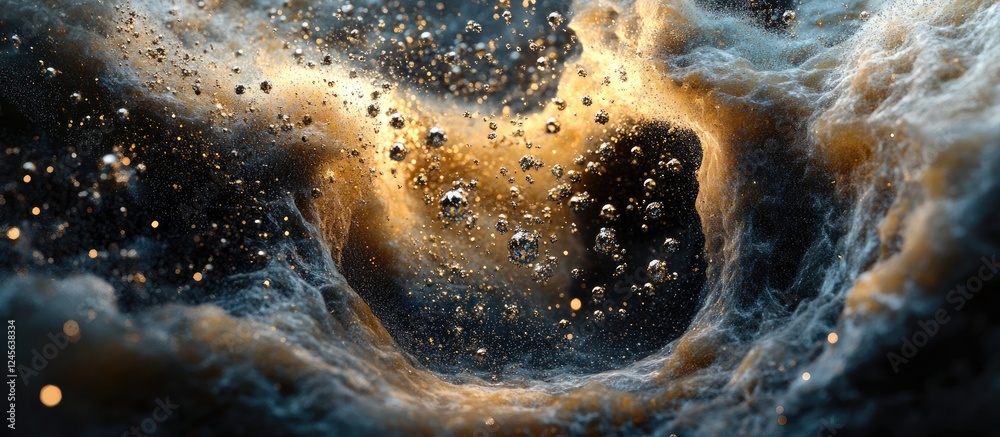 Poster Phantom virus particle with sparkling intricate details in shades of gold and blue, enveloped in mesmerizing shimmering particles and dark background.