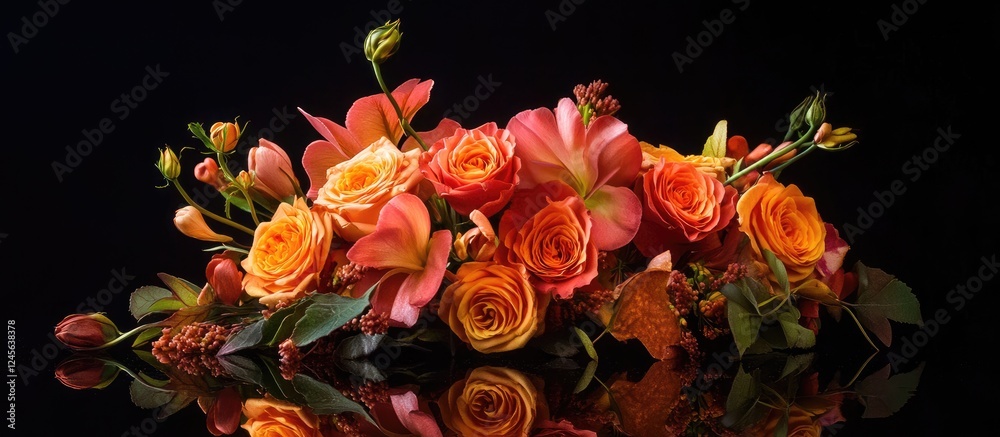 Aufkleber vibrant floral arrangement featuring pink and orange roses and lilies on a black background with ref