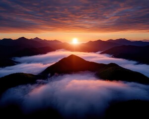 Obraz premium Stunning sunrise over misty mountains, showcasing vibrant colors and serene atmosphere, perfect for nature lovers.