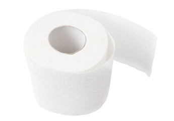 A roll of toilet paper is unrolled on a white background