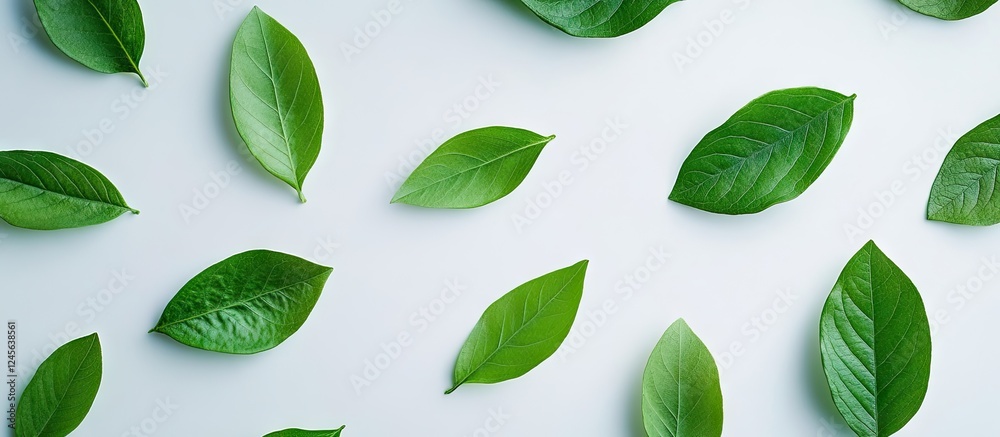 Poster minimalistic background featuring various green leaves on a soft white surface, emphasizing vibrant 