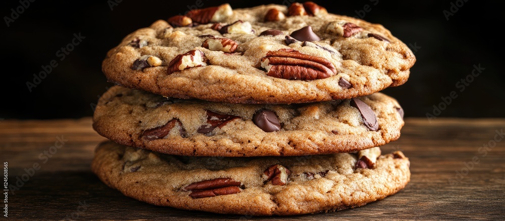 Aufkleber Stacks of golden brown chocolate chip cookies with pecans on a rustic wooden table creating an inviting dessert scene perfect for cookie lovers