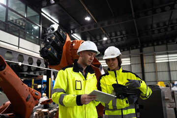 Fototapeta premium Engineer Caucasian male and female checking a robot arm with a digital tablet 