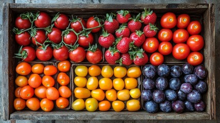 Aerial view of colorful fresh fruit display in rustic kitchen