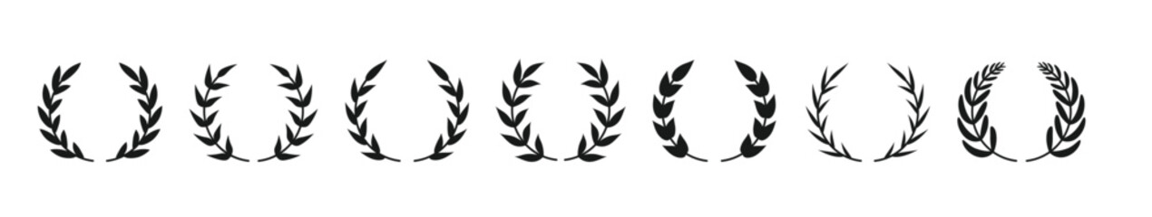 Laurel wreath icon set. Сollection of black circular foliate laurels branches. Vintage laurel wreaths. Black silhouette circular laurel foliate, wheat and oak wreaths depicting an award, achievement.