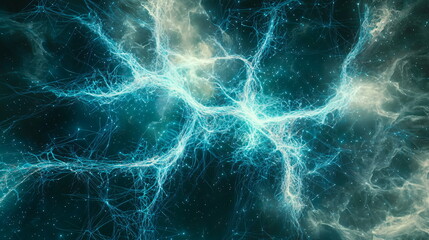 Fototapeta premium Electric blue neural network pattern glowing against a dark cosmic background with hints of stars and ethereal light, resembling brain connections or technology.