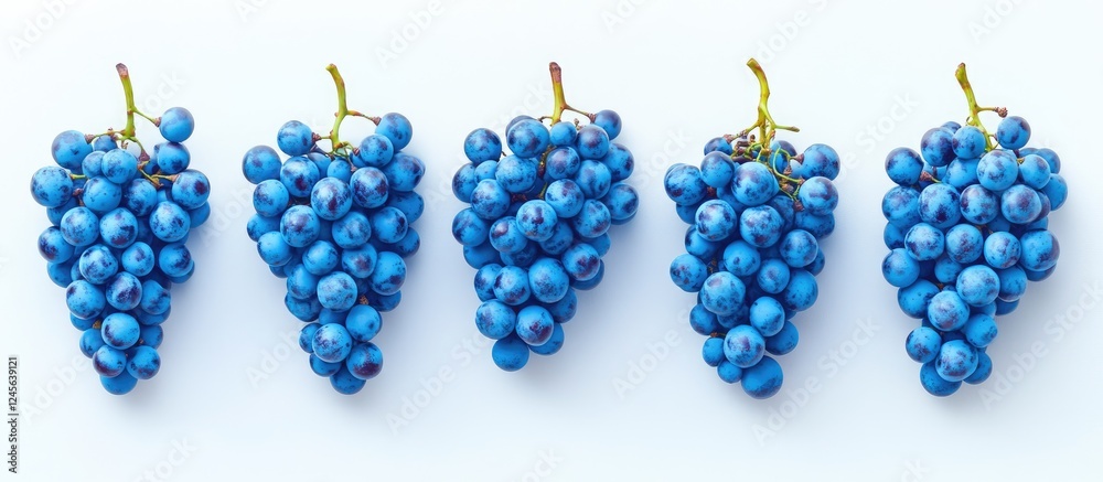 Poster Vibrant blue grapes in a neat horizontal arrangement on a white background showcasing texture and color depth in a visually appealing manner