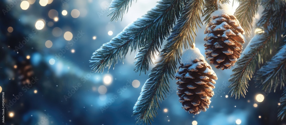Aufkleber Snow-covered pine cones hang from a frosted evergreen branch, surrounded by a dreamy blue background with soft bokeh lights creating a festive atmosphere.