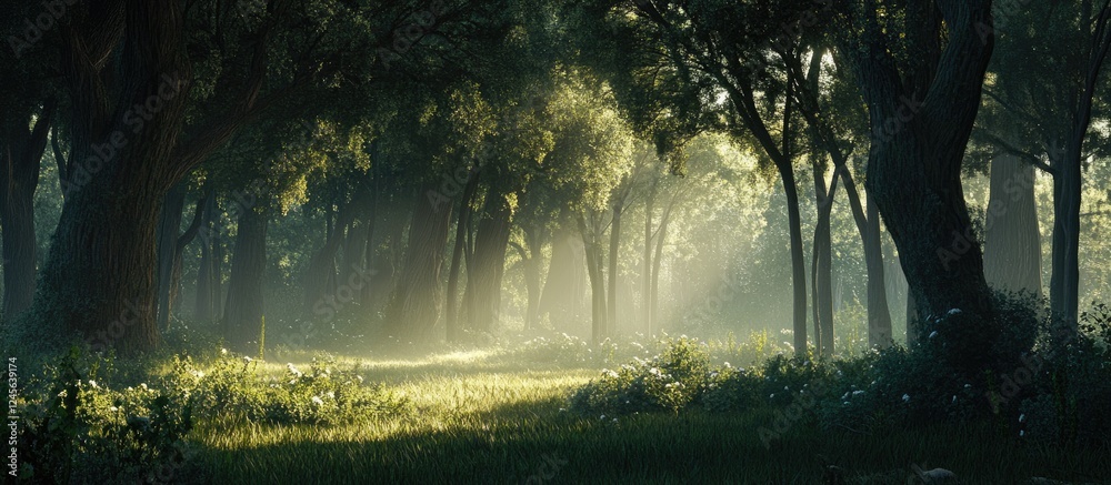 Aufkleber Sunlit forest path with vibrant green foliage, misty atmosphere, soft light filtering through dense trees, creating an ethereal and tranquil scene.