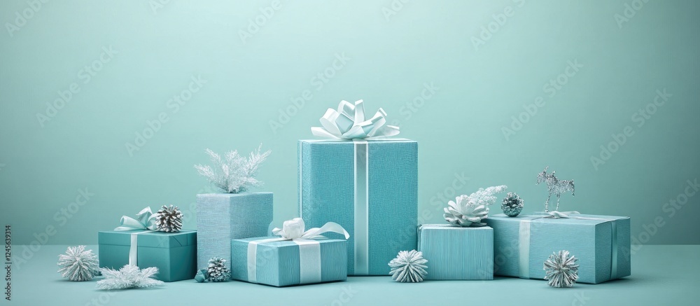 Poster teal blue backdrop with assorted holiday gift boxes in varying sizes adorned with white ribbons and 