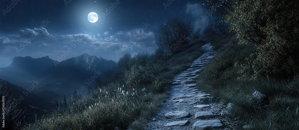 Poster moonlit mountain trail winding through lush greenery under a bright full moon casting soft shadows o