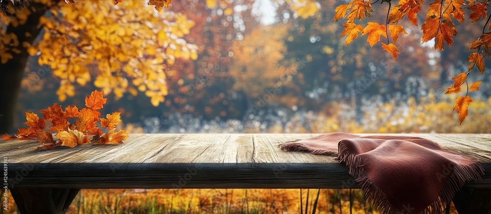 Poster inviting wooden table adorned with a warm tablecloth in the foreground surrounded by vibrant autumn 
