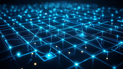 Obraz premium Digital landscape with glowing blue lines connecting points across a dark grid, depicting a futuristic network or data visualization in a technology context.