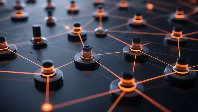 Network nodes glowing, interconnected, abstract background, technology concept