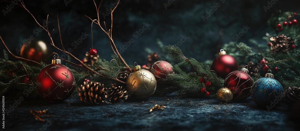 Aufkleber colorful christmas ornaments in red gold and blue arranged with twigs and pine cones on a dark textu