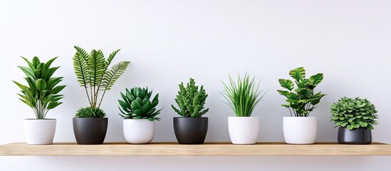 Modern indoor plant display featuring seven potted green plants in black and white pots arranged on a wooden shelf against a white wall