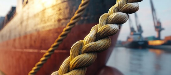 Close up of braided mooring ropes securing a cargo ship at harbor, with water glistening and cranes in background, showcasing strength and stability.