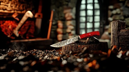 A beautifully crafted knife with a red handle resting on a wooden stump in a rustic workshop