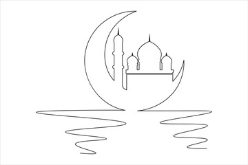 Islamic icon one line drawing of isolated continuous moon outline vector illustration