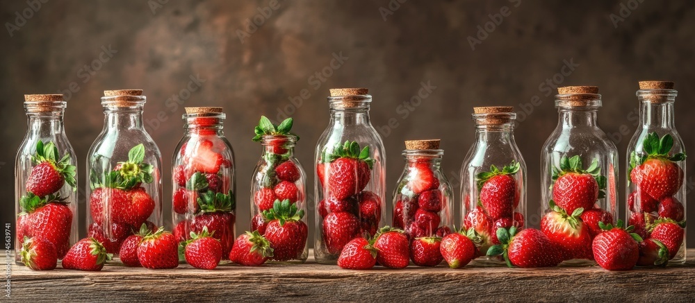 Aufkleber fresh red strawberries in clear glass bottles with wooden lids positioned on a rustic wooden table a