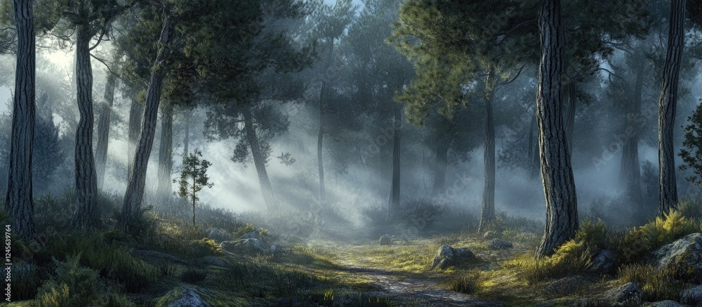 Poster serene forest scene with tall pine trees shrouded in misty fog, soft blue and green hues, creating a