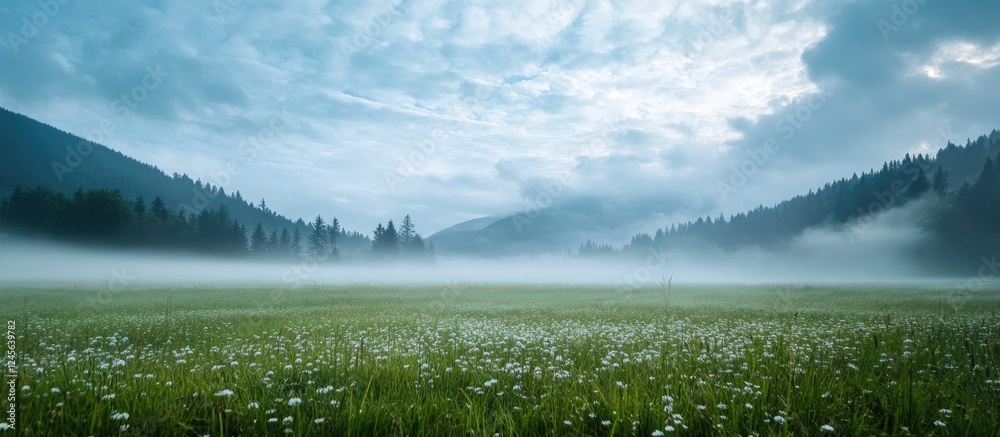 Poster serene misty meadow with white wildflowers in the foreground surrounded by lush green hills under a 