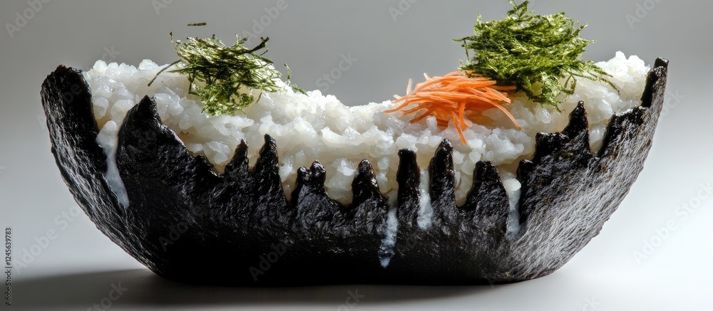 Poster sushi presentation in a dark dish with jagged edges, featuring white rice topped with green seaweed 