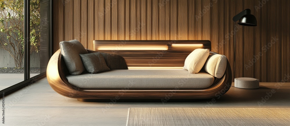 Aufkleber elegant minimalist sofa in warm wooden tones with soft cushions near large windows, illuminating mod