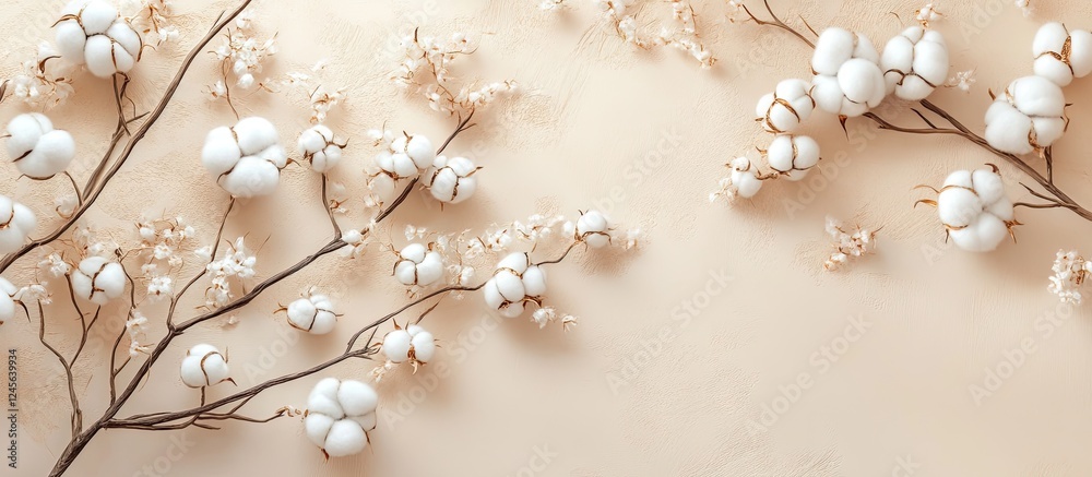 Poster floral arrangement with white cotton balls positioned on the left against a soft beige background cr