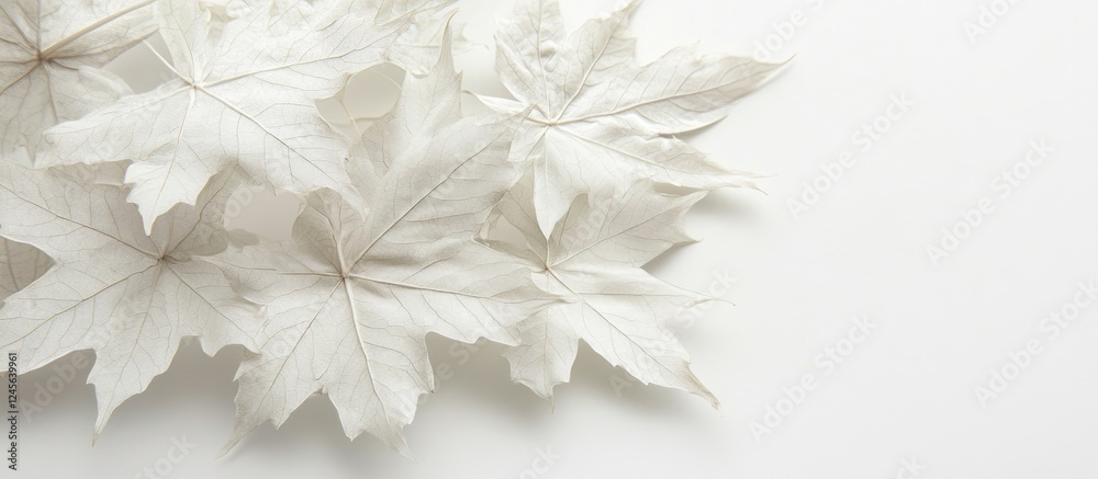 Aufkleber white maple leaves arranged artistically on a plain white background showcasing intricate leaf textu