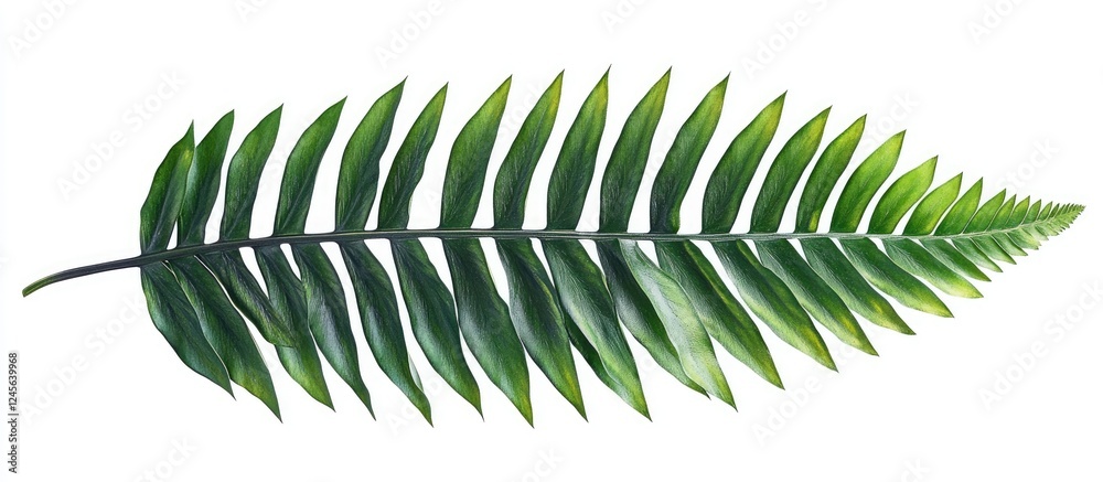 Poster vibrant deep green fern leaf positioned horizontally with elegant fronds showcasing intricate detail