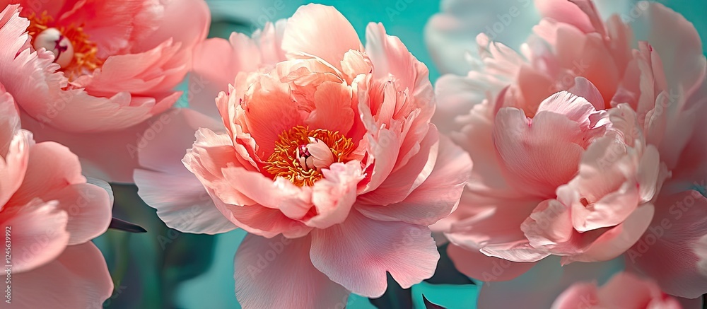 Poster Pink peony blooms display intricate layers against a teal backdrop, creating a visually striking composition highlighting the elegance of nature's beauty
