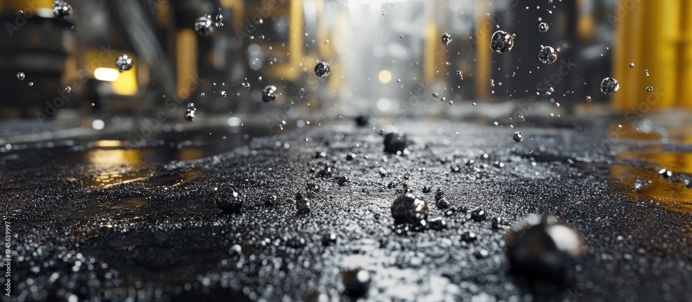 Poster discolored metallic particles scattered on a wet industrial floor with yellow machinery in the backg