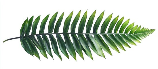 Vibrant deep green fern leaf positioned horizontally with elegant fronds showcasing intricate details on a clean white background ideal for nature themes